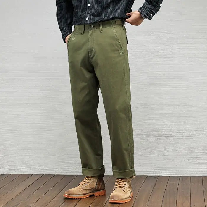 Men's Casual Cotton Pants Autumn Winter Loose Straight Leg High Elastici Bussiness Mid Waist American Retro Workwear Trousers