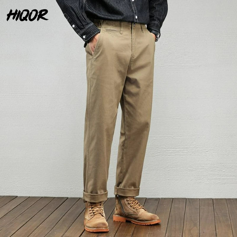 Men's Casual Cotton Pants Autumn Winter Loose Straight Leg High Elastici Bussiness Mid Waist American Retro Workwear Trousers