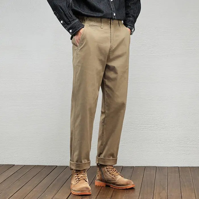 Men's Casual Cotton Pants Autumn Winter Loose Straight Leg High Elastici Bussiness Mid Waist American Retro Workwear Trousers
