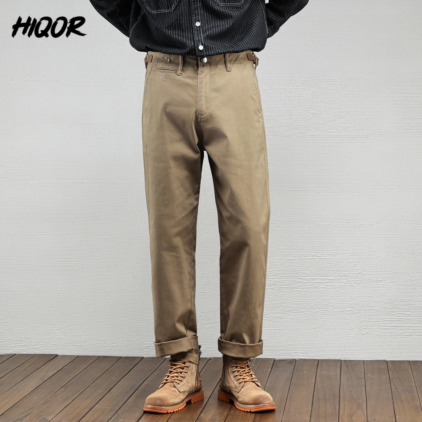 Men's Casual Cotton Pants Autumn Winter Loose Straight Leg High Elastici Bussiness Mid Waist American Retro Workwear Trousers